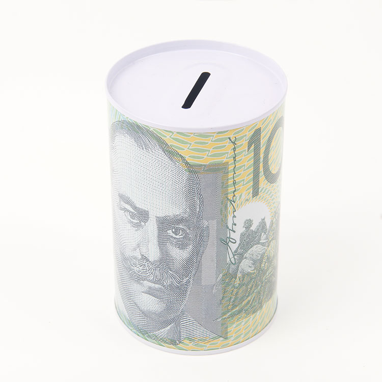 M-Cylindrical Printed Australian Dollar Tinplate Savings Jar