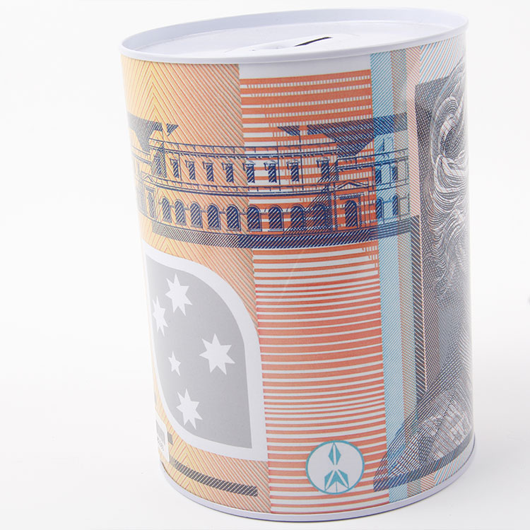 M-Cylindrical Tinplate Savings Tin With Australian Currency