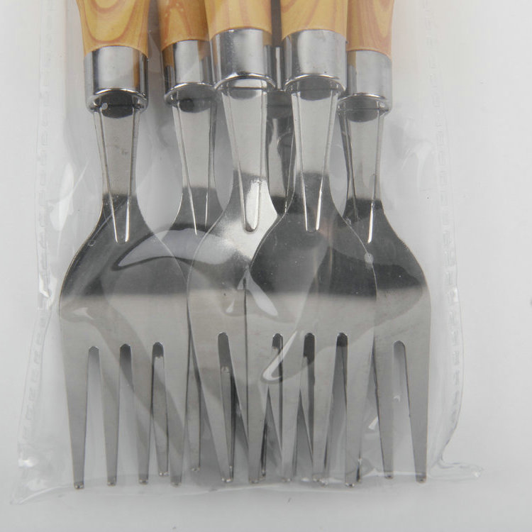 A-6PC Faux Bamboo Wood Grain Plastic Handle 410 Stainless Steel Dinner Fork