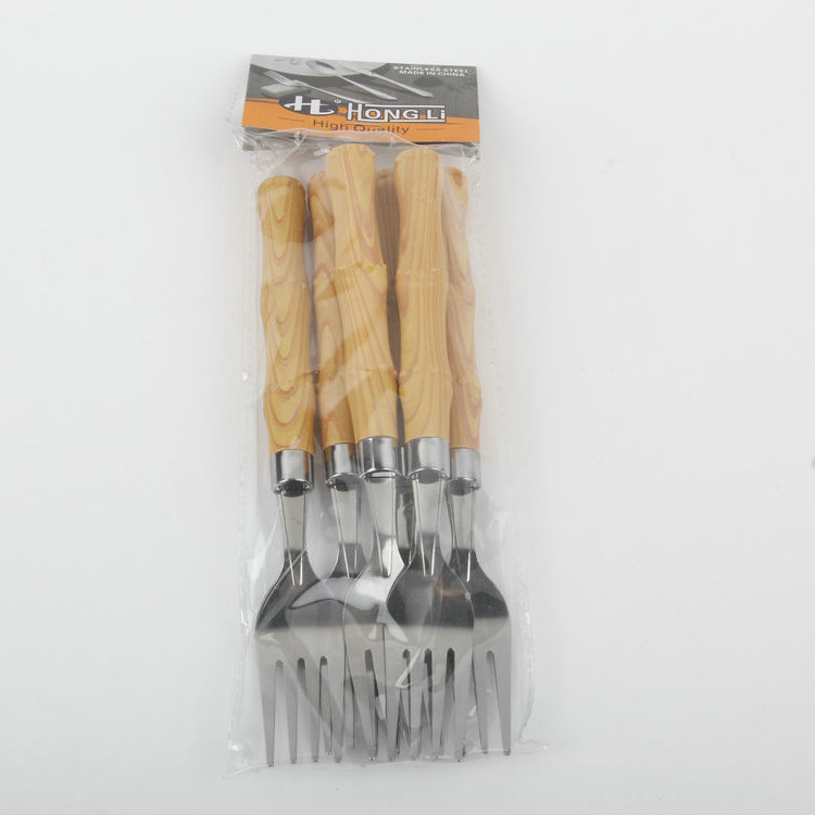 A-6PC Faux Bamboo Wood Grain Plastic Handle 410 Stainless Steel Dinner Fork