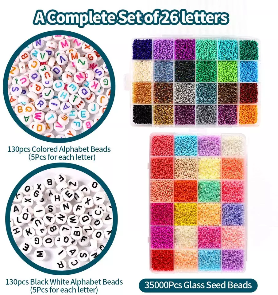 48000pcs of tiny spacer glass beads set with metal charms DIY accessory for kids DIY beginner jewelry making kit