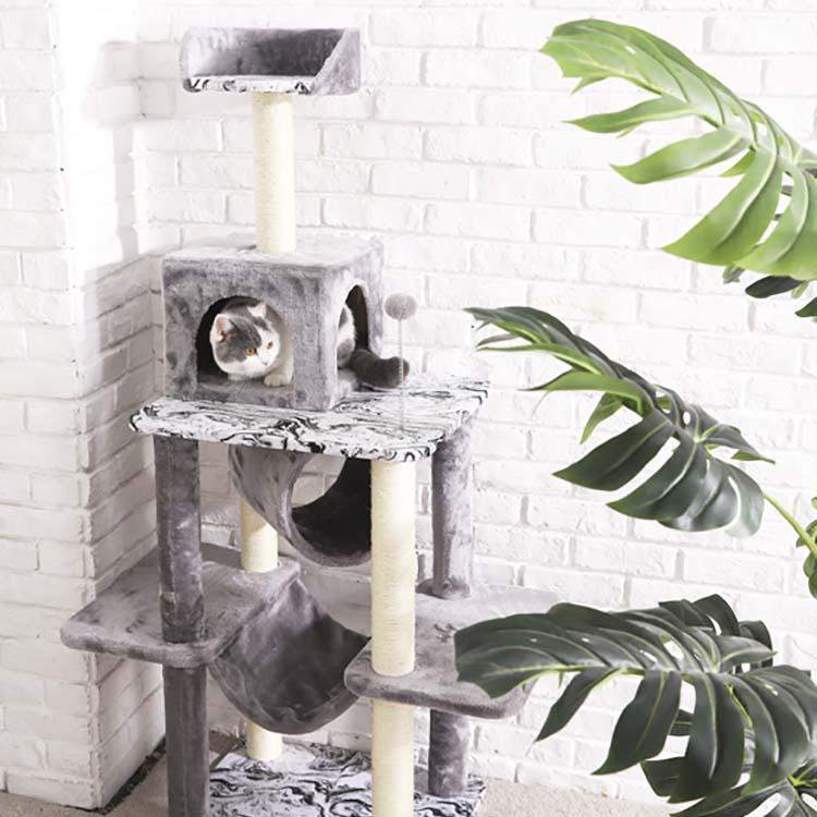 Pet Cat Product Tall Modern Wood Gray Floor To Ceiling Multi-level Cat Tower Wood Cat Tree