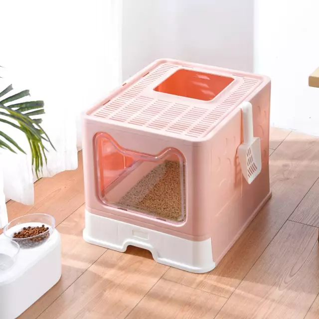 Foldable Closed Cat Litter Box With Lid Top Entrance Splash-proof Large Cat Toilet With Cat Litter Spoon