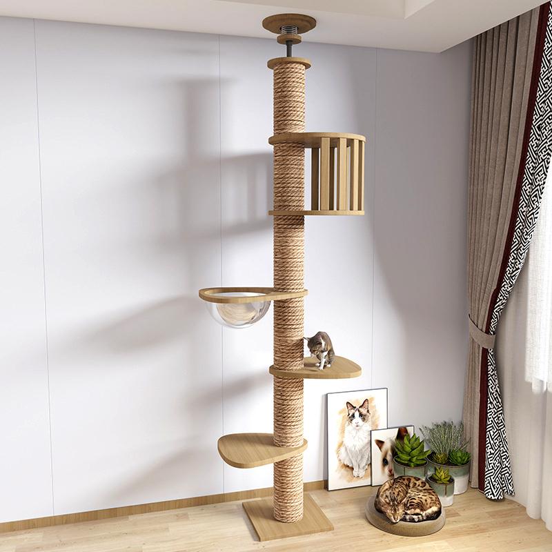 Solid Wood Floor-to-ceiling Cat Climbing Frame Space Capsule Jumping Platform Cat Tree Condo Furniture Scratch Post Pet House